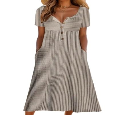Akivide Women Casual Boho Short Sleeve Maxi Dress with Pocket Summer Loose Button Up Stripped Flowy Beach Plus Size Long Tshirt Dress 2024