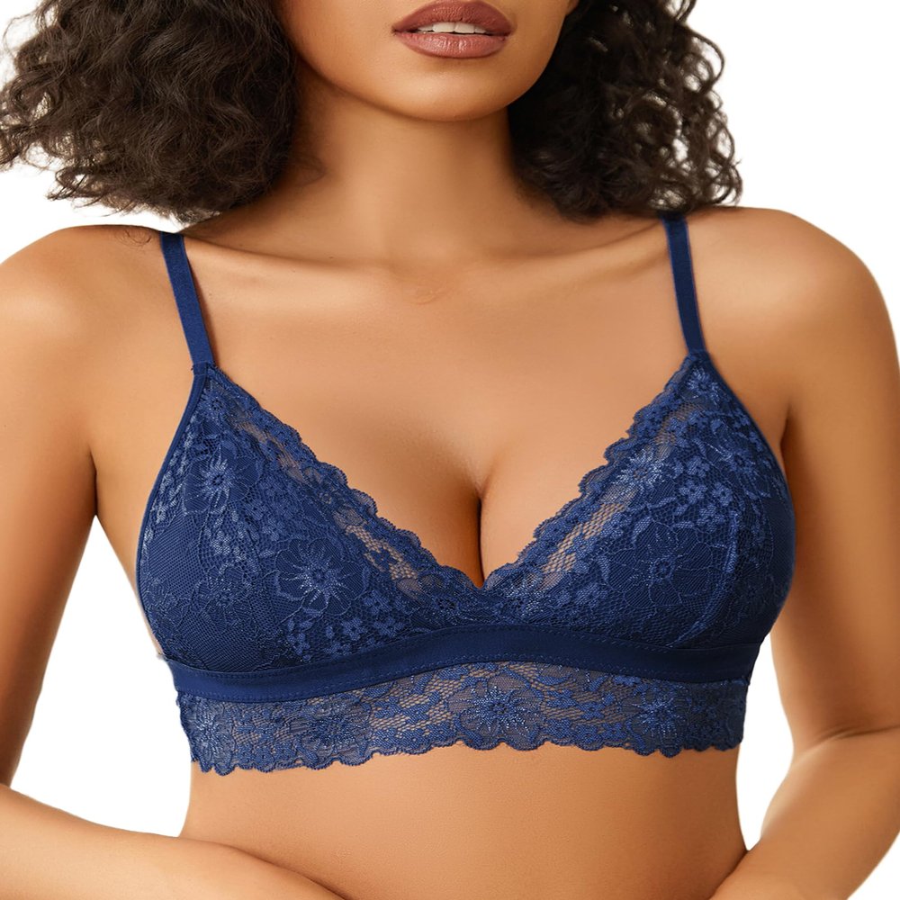 Avidlove Bralettes for Women Lace Wireless Lingerie V Neck Full Coverage Basic Bralette Blue Purple XL