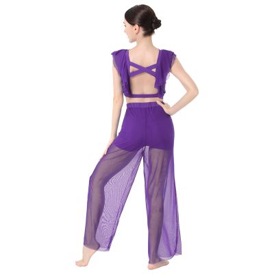 AFAVOM Lyrical Dance Dress for Women Modern Contemporary Dance Costume Chiffon Cross Back Crop Top with Mesh Sheer Pants Adult Ballet Leotard Shorts Ruffle Dancewear Outfit Purple S
