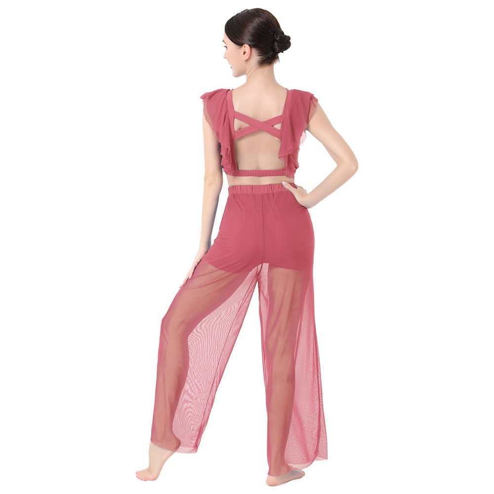 AFAVOM Lyrical Dance Dress for Women Modern Contemporary Dance Costume Chiffon Cross Back Crop Top with Mesh Sheer Pants Adult Ballet Leotard Shorts Ruffle Dancewear Outfit Dusty Pink L