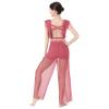 AFAVOM Lyrical Dance Dress for Women Modern Contemporary Dance Costume Chiffon Cross Back Crop Top with Mesh Sheer Pants Adult Ballet Leotard Shorts Ruffle Dancewear Outfit Dusty Pink L view 1
