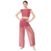 AFAVOM Lyrical Dance Dress for Women Modern Contemporary Dance Costume Chiffon Cross Back Crop Top with Mesh Sheer Pants Adult Ballet Leotard Shorts Ruffle Dancewear Outfit Dusty Pink L view 2