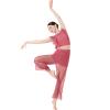 AFAVOM Lyrical Dance Dress for Women Modern Contemporary Dance Costume Chiffon Cross Back Crop Top with Mesh Sheer Pants Adult Ballet Leotard Shorts Ruffle Dancewear Outfit Dusty Pink L view 4