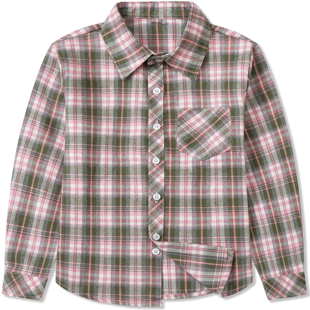Betusline Girls' Plaid Flannel Shirt, Kids Long Sleeve Button Button Shirts Tops, F Green & Pink #27-8 Years= Tag 140
