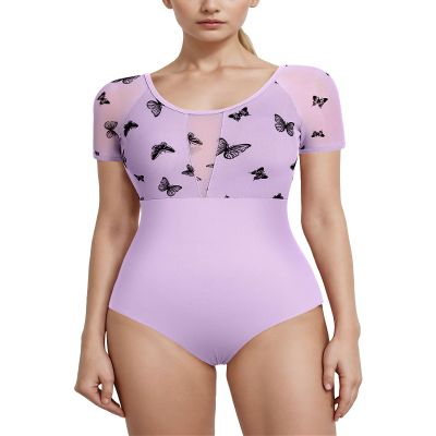 AFAVOM Women Ballet Dance Leotard Adult Gymnastics Butterfly Leotard Short Sleeve Ballerina Mesh Bodysuit One Piece Dancewear for Women Basic U Back Dance Performance Leotards Purple L