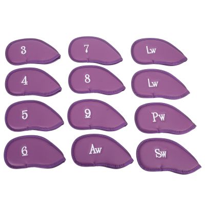 FLEXMAN 12Pcs Meshy Golf Iron Covers Set, PU Portable Golf Iron Head Covers Set, Soft Protective Golf Head Cover (Purple)
