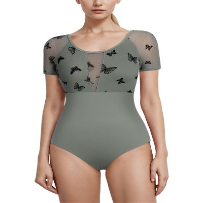 AFAVOM Women Ballet Dance Leotard Adult Gymnastics Butterfly Leotard Short Sleeve Ballerina Mesh Bodysuit One Piece Dancewear for Women Basic U Back Dance Performance Leotards Gray S