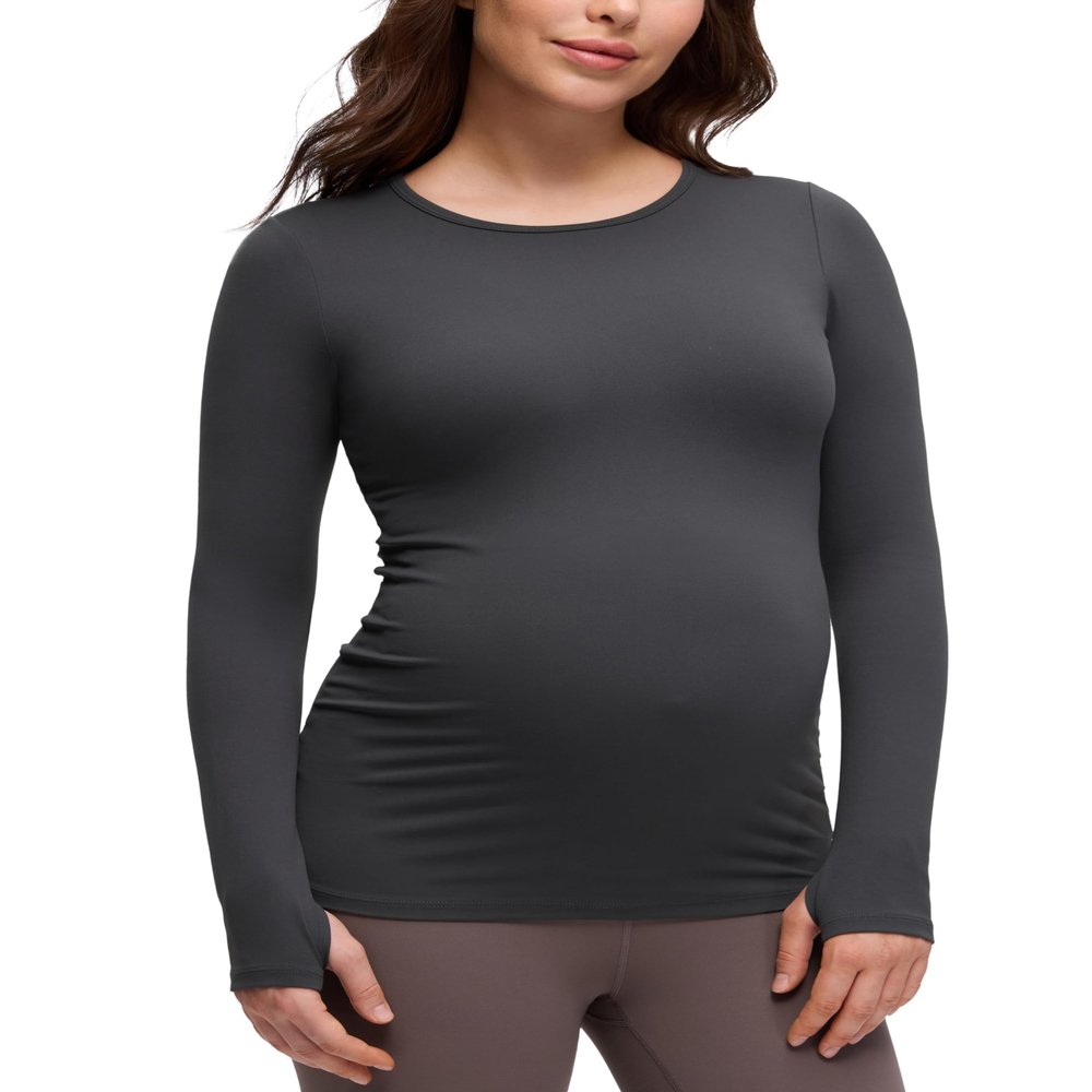 CRZ YOGA Butterluxe Maternity Crewneck Long Sleeve Shirts - Athletic Yoga Casual Pregnancy Womens Tee Tops Basic Layer Soft Mysterious Grey Medium