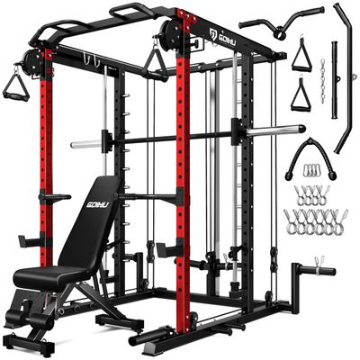 Goimu S1-V4 Smith Machine, 2000LBS Power Cage with Cable Crossover System, All-in-One Squat Rack with Smith Bar, Strength Training Equipment for Hone Gym (Red Smith Machine wiht Bench)