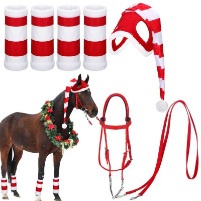 Dansydaisy 6 Pcs Christmas Horse Costume Accessories Horse Santa Hat Leg Wraps with Faux Fur Trim Adjustable Halter Xmas Tack(Red White)