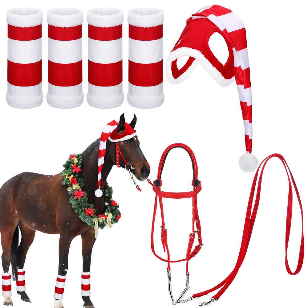 Dansydaisy 6 Pcs Christmas Horse Costume Accessories Horse Santa Hat Leg Wraps with Faux Fur Trim Adjustable Halter Xmas Tack(Red White)