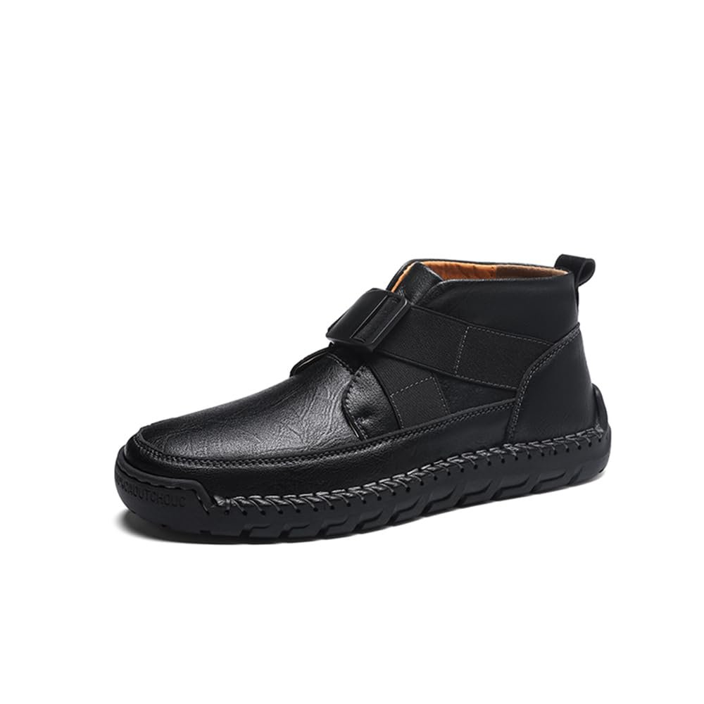 Men's Casual Leather Boots Adjustable Strap Buckle Slip-On High Top Sneakers Boots Fashion Handmade Lightweight Comfortable Black 6.5 US