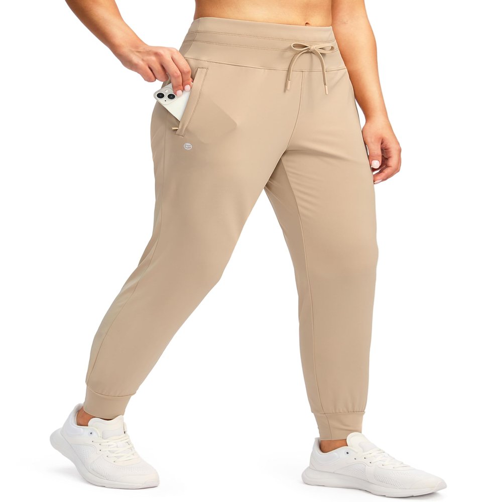 G Gradual Women's Joggers Pants with Zipper Pockets High Waisted Sweatpants Athletic Tapered Pants for Women Lounge Workout(Light Khaki,XXL)
