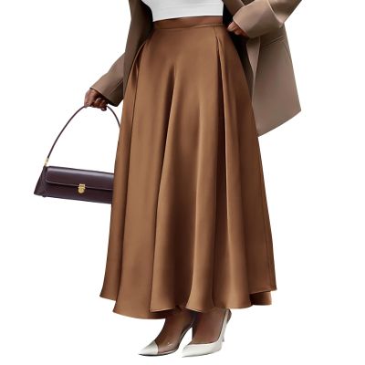 BTFBM Satin Skirts for Women Spring Fashion 2026 Elegant Flowy A-Line Cocktail Formal Silk Maxi Skirt Night Out Outfits(Coffee, Medium)