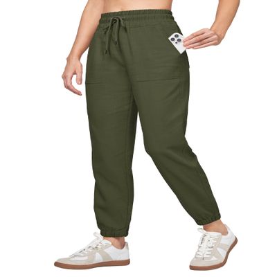 Willit Women Linen Pants Joggers Casual Lightweight Lounge Cotton Linen Travel Beach Summer Pants with Pockets 28" Army Green XXXL