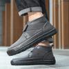 Men's Casual Leather Boots Adjustable Strap Buckle Slip-On High Top Sneakers Boots Fashion Handmade Lightweight Comfortable Grey 11.5 US view 2