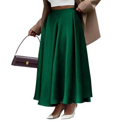 BTFBM Satin Skirts for Women Spring Fashion 2026 Elegant Flowy A-Line Cocktail Formal Silk Maxi Skirt Night Out Outfits(Dark Green, Medium)
