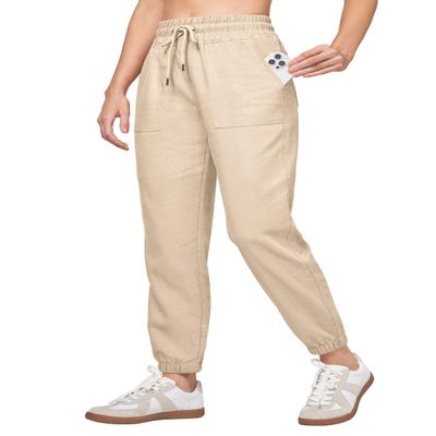 Willit Women Linen Pants Joggers Casual Lightweight Lounge Cotton Linen Travel Beach Summer Pants with Pockets 28" Khaki L