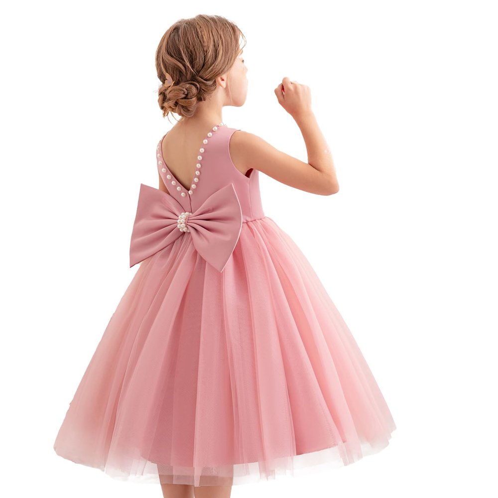 Flower Girl Dress Kids V-Back Puffy Tulle Satin Dress for Wedding Guest Formal Party Birthday Princess Pageant Prom Ball Gown