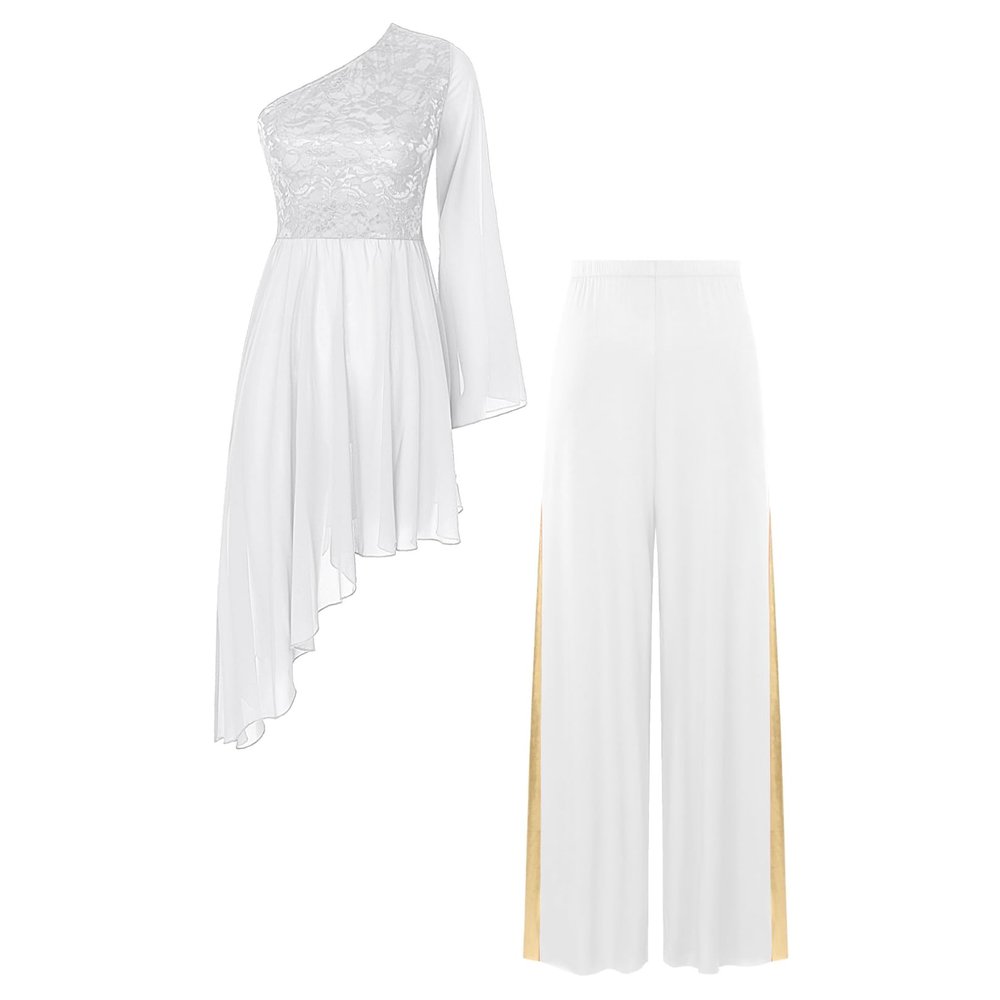 easyforever Women's Liturgical Praise Dance Tunic with Wide Leg Baggy Pants Set Church Worship Dancewear Ivory Large