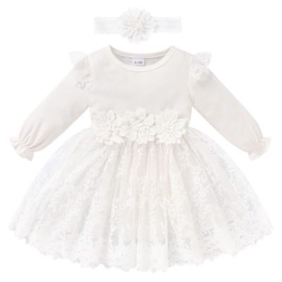 Baby Girl Dress Ruffle Sleeve Toddler Girl Dresses Infant Girls Long Sleeve Fall Winter Clothes Flower Tulle Dress with HeadbandWhite,12-18M