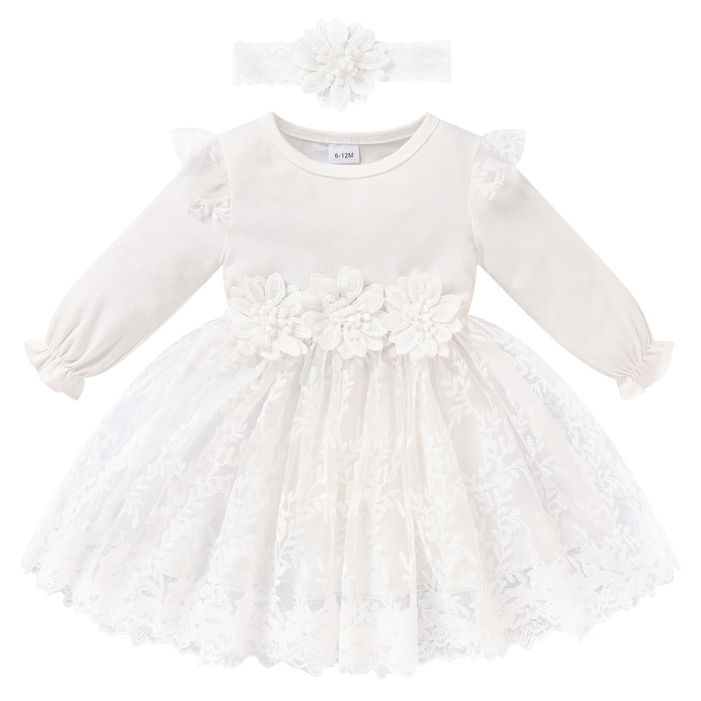 Baby Girl Dress Ruffle Sleeve Toddler Girl Dresses Infant Girls Long Sleeve Fall Winter Clothes Flower Tulle Dress with HeadbandWhite,12-18M