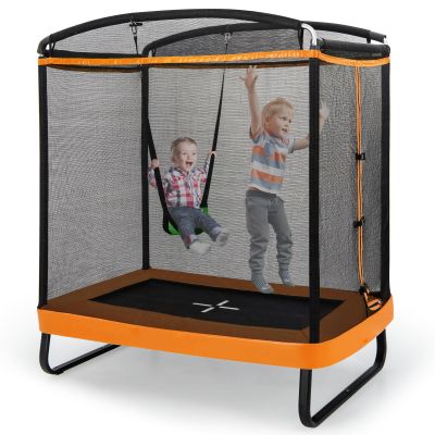 GLACER Toddler Trampoline, 6FT Indoor/Outdoor Rectangle Mini Trampoline with Swing & Safety Enclosure Net, Gift for Boys & Girls Ages 3+ (Orange)