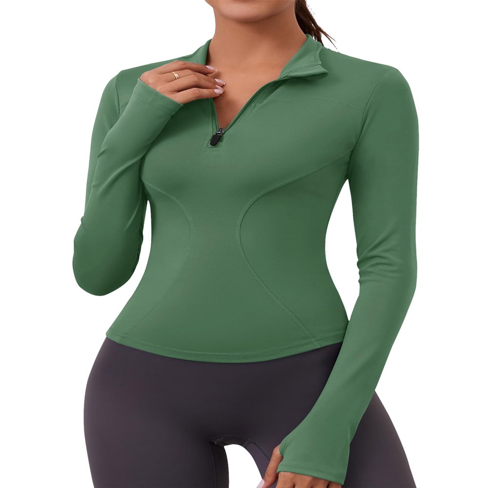 LOMON Long Sleeve Workout Tops Women Yoga Running Gym Shirts Slim Crop Top Golf Shirt(Green,Medium)