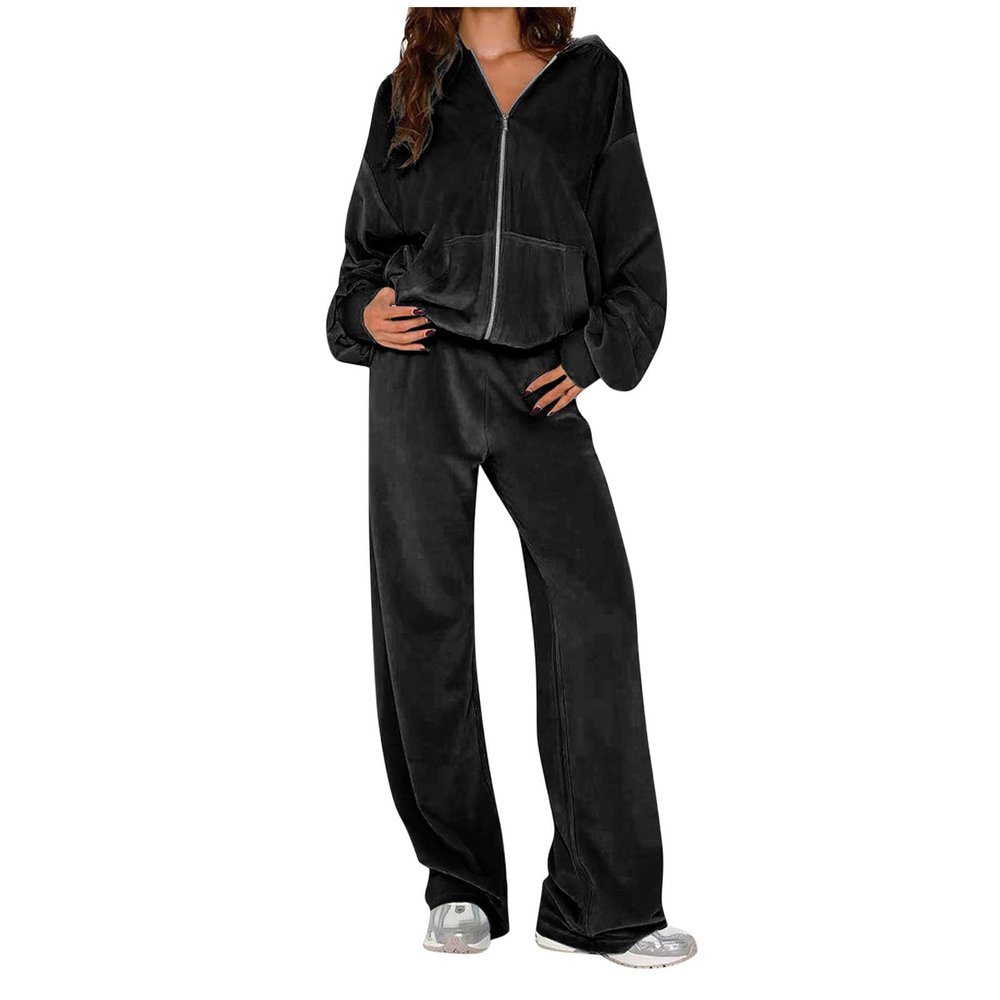 asntrgd Womens Sweatsuits 2 Piece Outfits Velvet Zip Up Hoodie Sweatshirt Wide Leg Sweatpants Winter Fall Lounge Sets