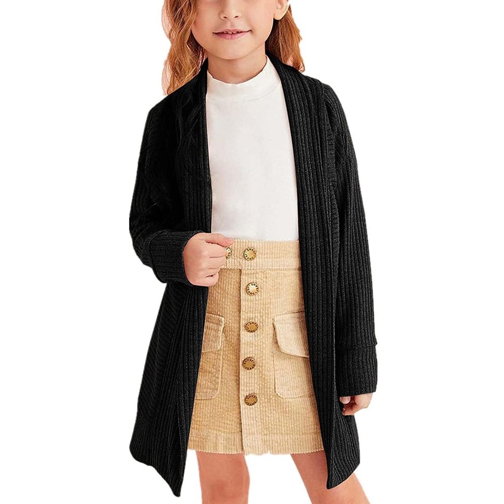 Long Open Front Cardigan for Kids Toddler Girls Solid Color Knitted Outwear Long Sleeve Thick Winter (Black, 6-7 Years)