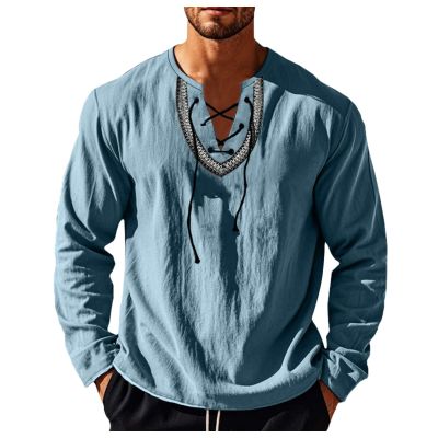 Mens Linen V Neck Henley Shirt Long Sleeve Ethnic Style Embroidered Casual Drawstring T Shirts Light Blue