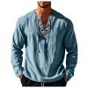 Mens Linen V Neck Henley Shirt Long Sleeve Ethnic Style Embroidered Casual Drawstring T Shirts Light Blue view 1
