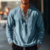 Mens Linen V Neck Henley Shirt Long Sleeve Ethnic Style Embroidered Casual Drawstring T Shirts Light Blue view 2