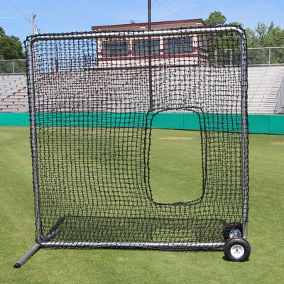Cimarron Sports Premier 7'x7' Softball Pitcher Protection Screen, Heavy-Duty 2" US Steel Frame, #42 HDPE Twisted Knotted Polyethylene Twine, Rugged 10" Built-in Frame Transport Wheels