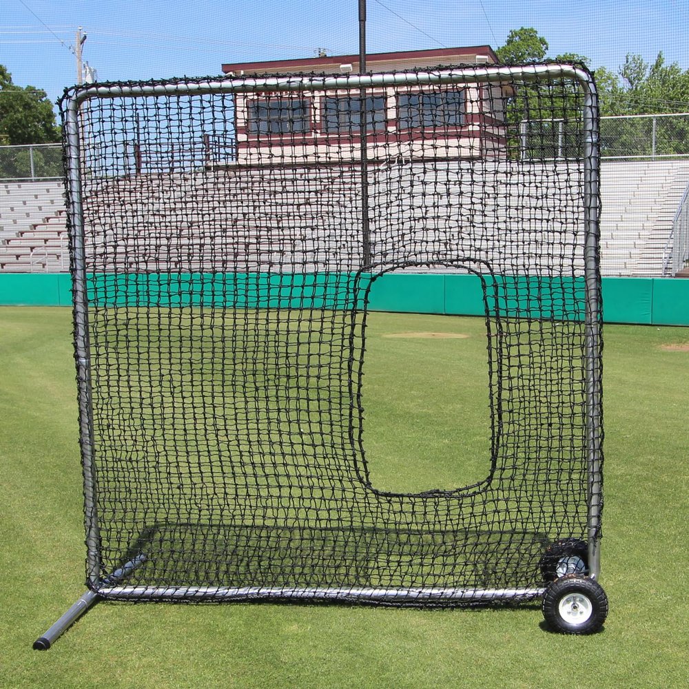 Cimarron Sports Premier 7'x7' Softball Pitcher Protection Screen, Heavy-Duty 2" US Steel Frame, #42 HDPE Twisted Knotted Polyethylene Twine, Rugged 10" Built-in Frame Transport Wheels