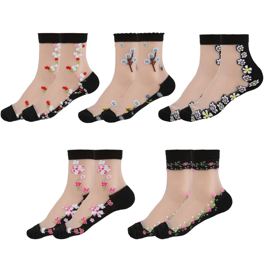 5 Pairs Women's Sheer Floral Ankle Socks - Transparent Black Lace Ultra-Thin See-Through Fancy Hidey Mesh Socks for Girls