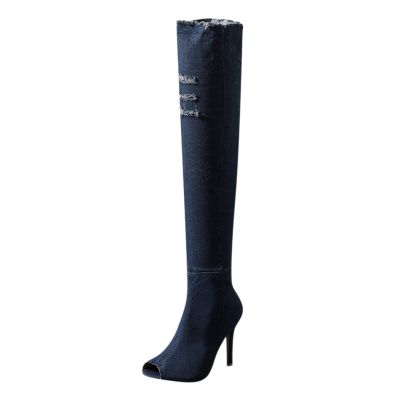 Womens Thigh High Over Knee Denim Open Toe Stiletto Heel Boots Peep Toe Sexy Fall Boots Denim Sandals Pull-On Long Boots