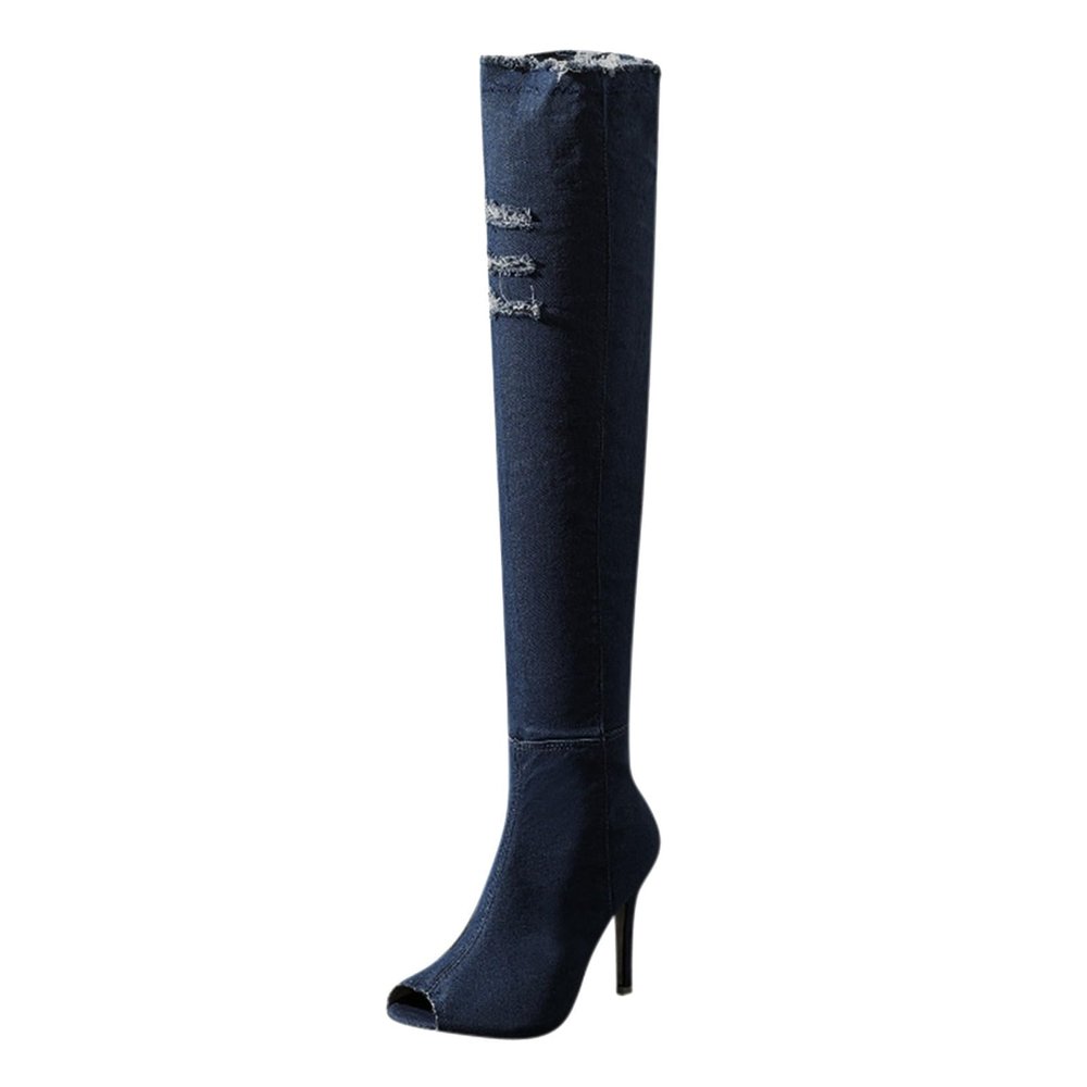 Womens Thigh High Over Knee Denim Open Toe Stiletto Heel Boots Peep Toe Sexy Fall Boots Denim Sandals Pull-On Long Boots