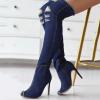 Womens Thigh High Over Knee Denim Open Toe Stiletto Heel Boots Peep Toe Sexy Fall Boots Denim Sandals Pull-On Long Boots view 3