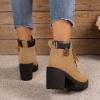 Women Ankle Boots Platform Lace Up Chunky Heel Booties Stacked Heel Round Toe Pull on Motorcycle Mid Calf Boots view 4
