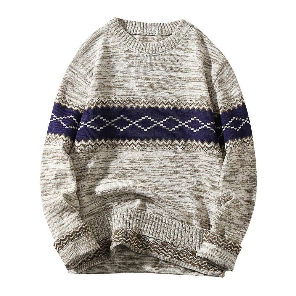 Mens Crewneck Sweater Casual Long Sleeve Fashion Argyle Knitted Pullover Oversized Chunky Winter Base Warm Sweaters