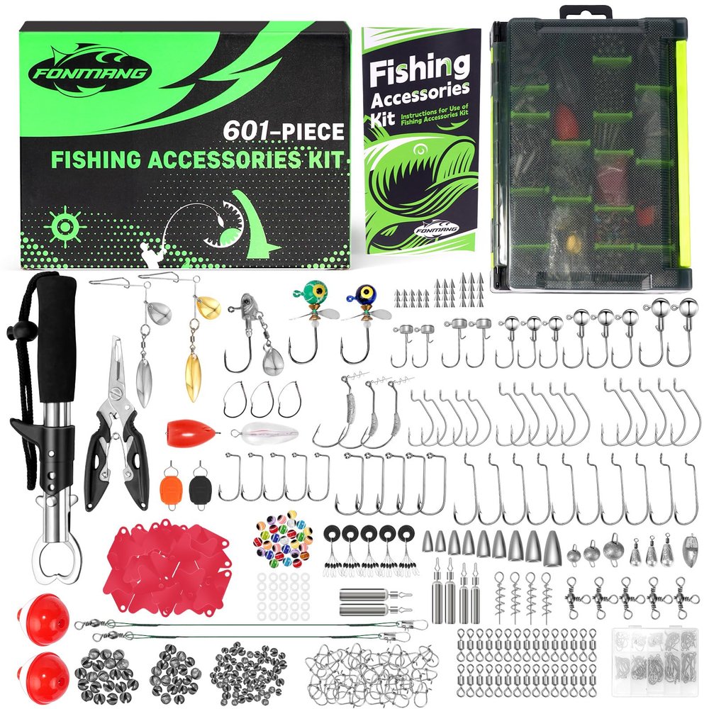 601-Piece Fishing Gear Accessories Kit, [2025 NEW] Tackle Box with Pliers, Fish Lip Grips,Tackle Storage Trays, Hooks, Weights, Jig Heads, Swivels, 21 Pre-Made Rigs Fishing Gear for Lures Fishing