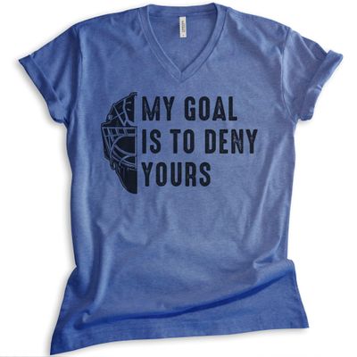 EVERTREE CLOTHING My Goal is to Deny Yours Hockey V-Neck T-Shirt, Unisex Men's Ice Hockey Goalie Canadian Winter Sports, Heather Royal Blue, Large