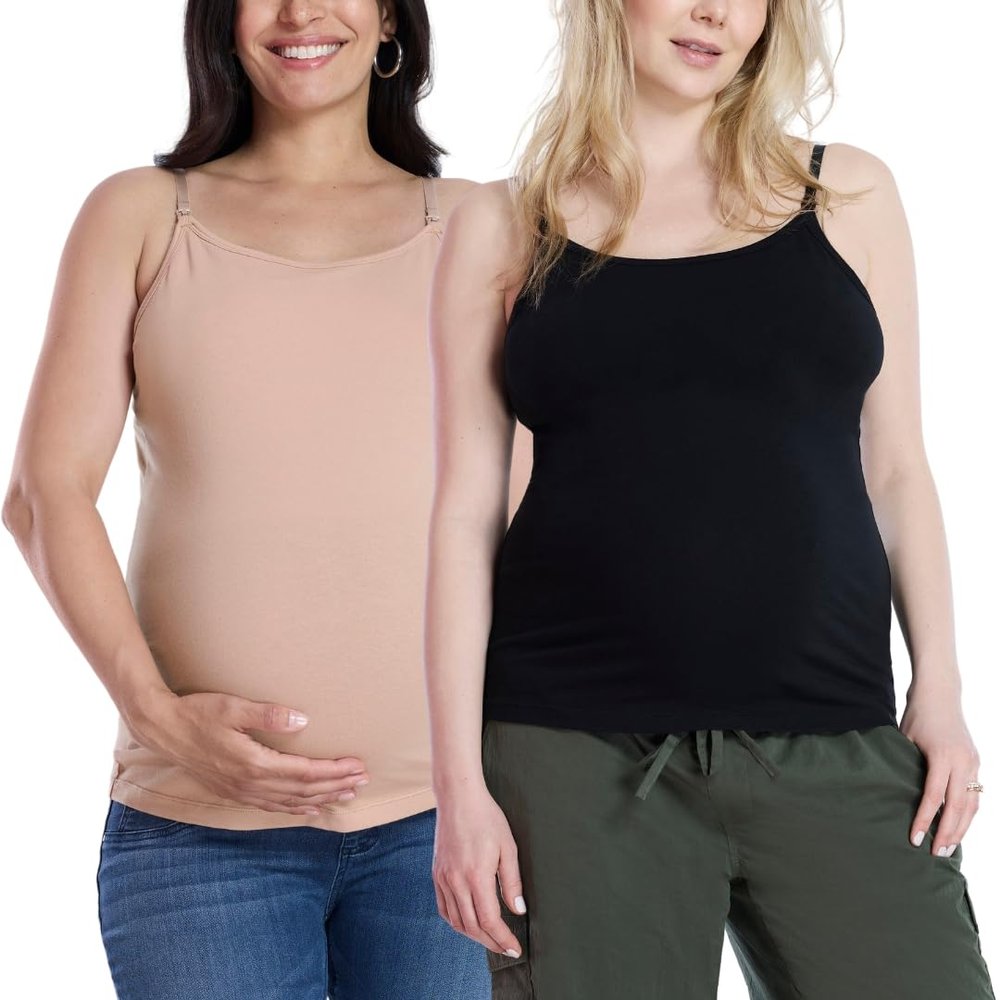 Motherhood Maternity Women's Clip Down Nursing Tank Top Cami with Adjustable Straps for Breastfeeding-2 Pack, Black/Mocha Mousse, Small