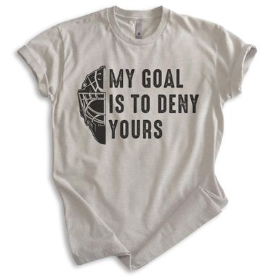 EVERTREE CLOTHING My Goal is to Deny Yours Hockey T-Shirt, Unisex Men's Shirt, Ice Hockey Goalie Canadian Winter Sports, Light Silk Gray, XX-Large