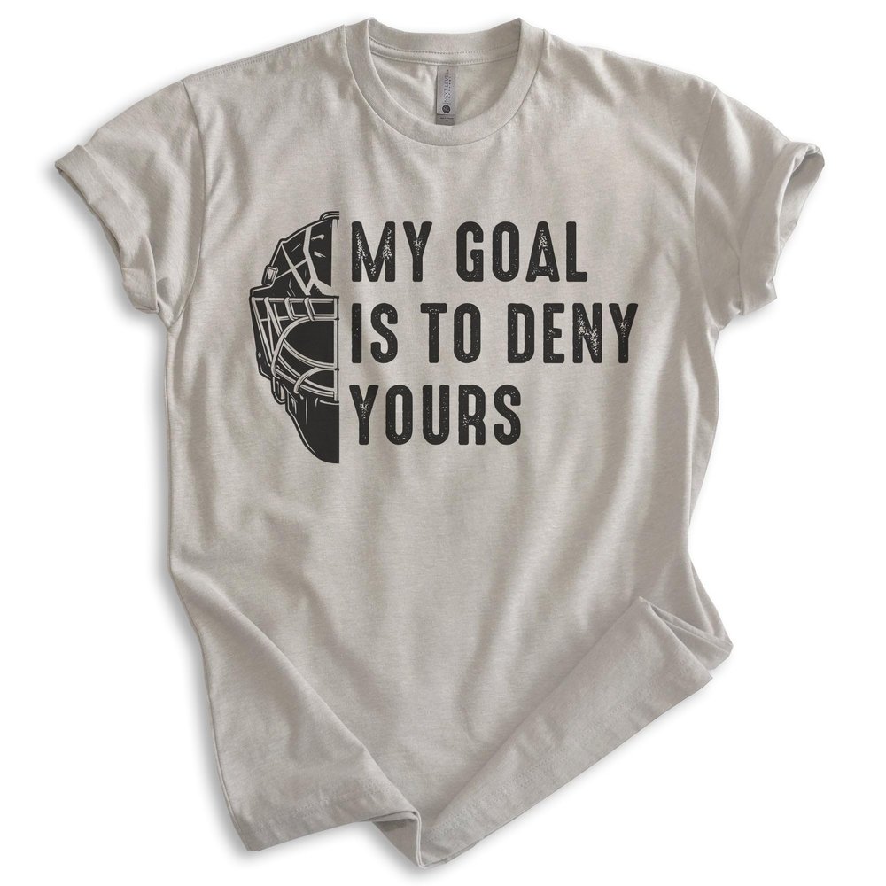 EVERTREE CLOTHING My Goal is to Deny Yours Hockey T-Shirt, Unisex Men's Shirt, Ice Hockey Goalie Canadian Winter Sports, Light Silk Gray, XX-Large
