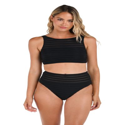 La Blanca Women's High Neck Midkini Swimsuit Top, Black//Fluid Lines, 6