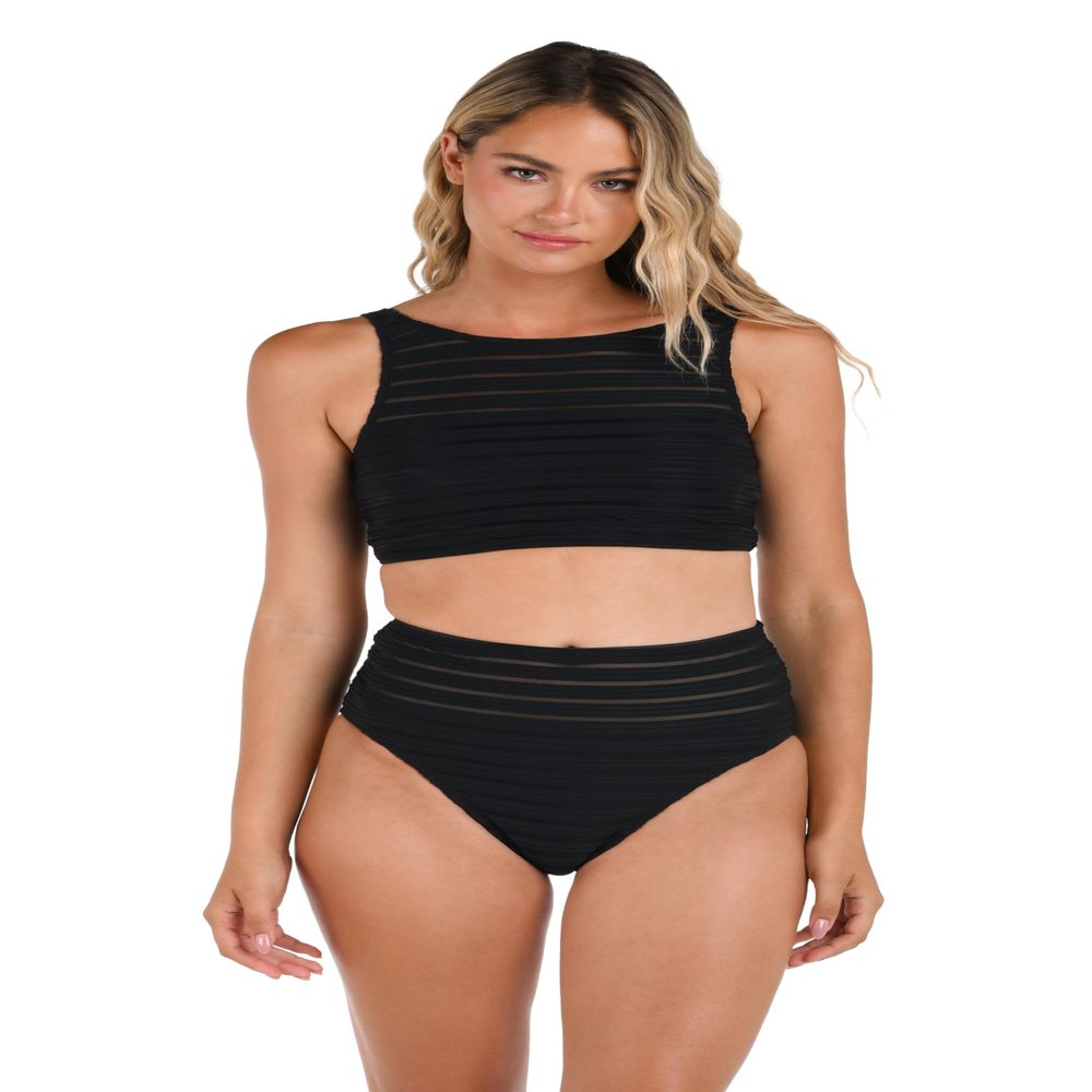 La Blanca Women's High Neck Midkini Swimsuit Top, Black//Fluid Lines, 6