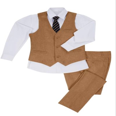 Boys Suit Kids Khaki Linen Suits Tuxedo for Boys Toddler Vest Pants Set Ring Bearer Outfit Dress Clothes with Tie Size 20