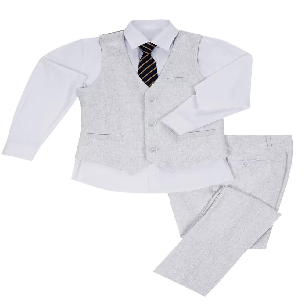 Boy's Linen Suit, Boys' Formal Suit Set with Vest Pants and Tie, Boys Formal Dresswear Vest Set, Toddler Boy Vest Set Size 10 White